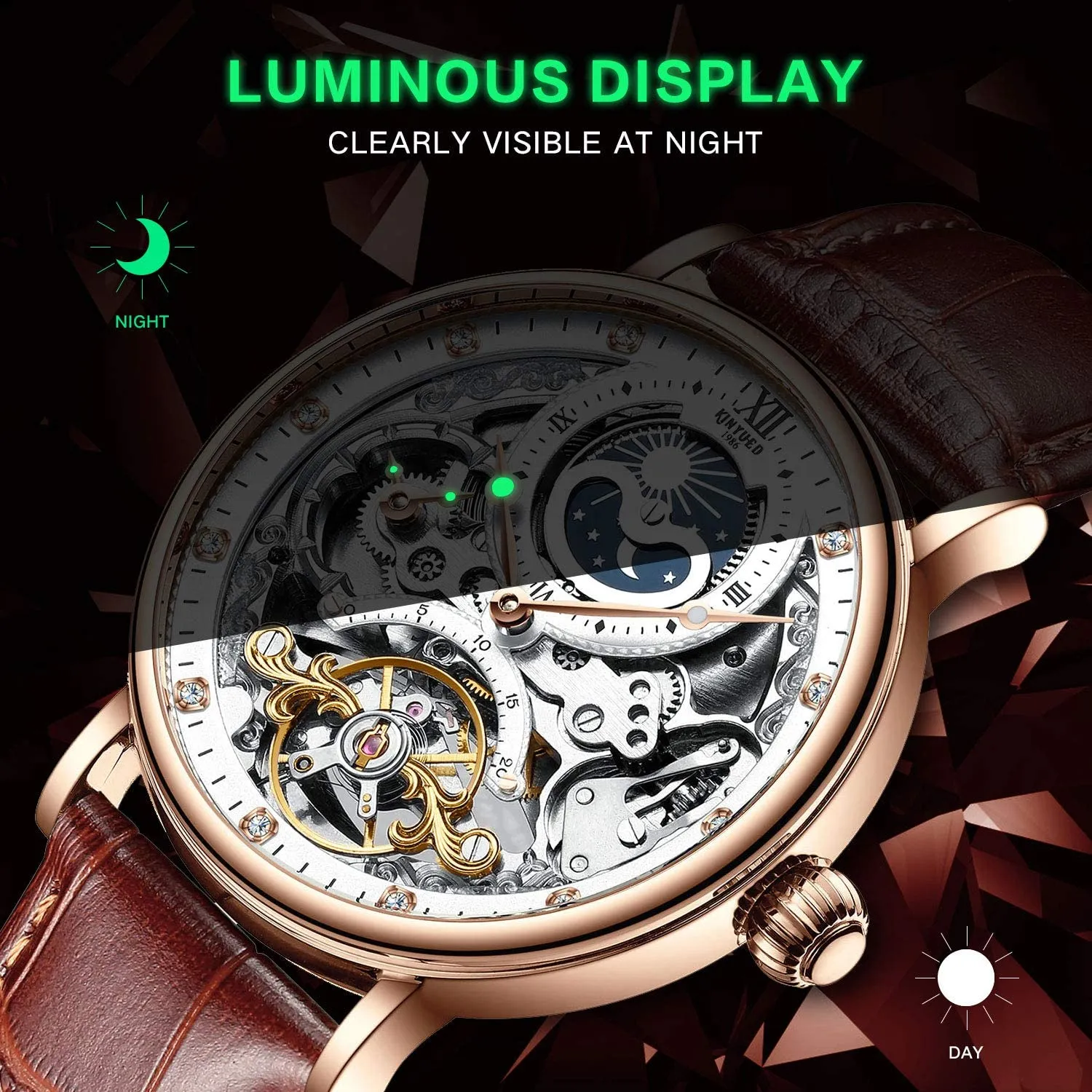Mens Luksusowe szkieletowe automatyczne mechaniczne zegarki na nadgarstek skórzane fraza księżyca świetliste ręce na rękę na rękę