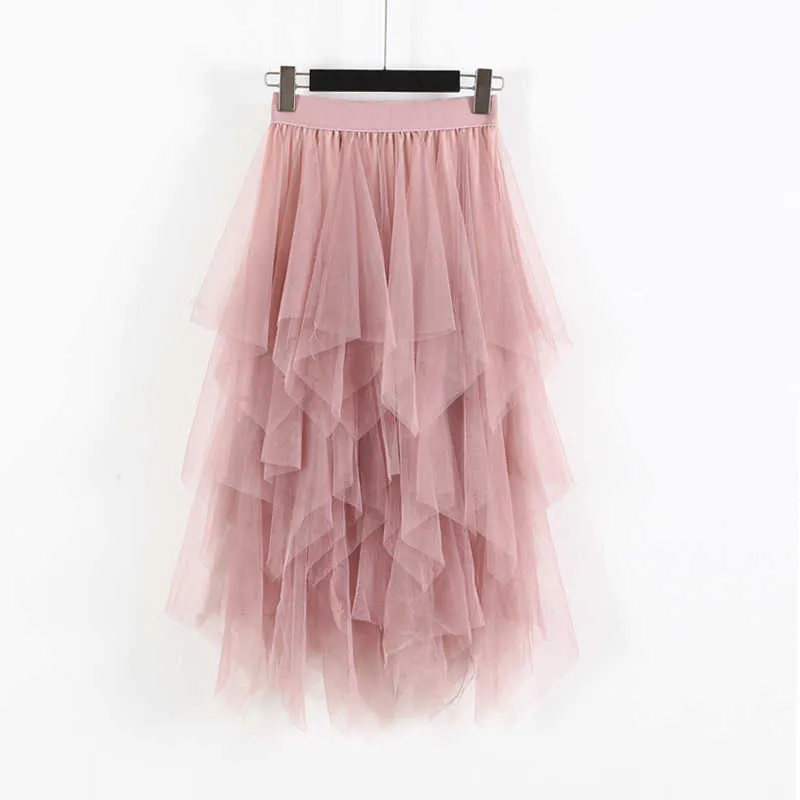 FTLZZ Tulle Skirts Women High Waist Mesh Hem Asymmetrical Pleated Midi Female Black Pink Summer Mid-calf 210708