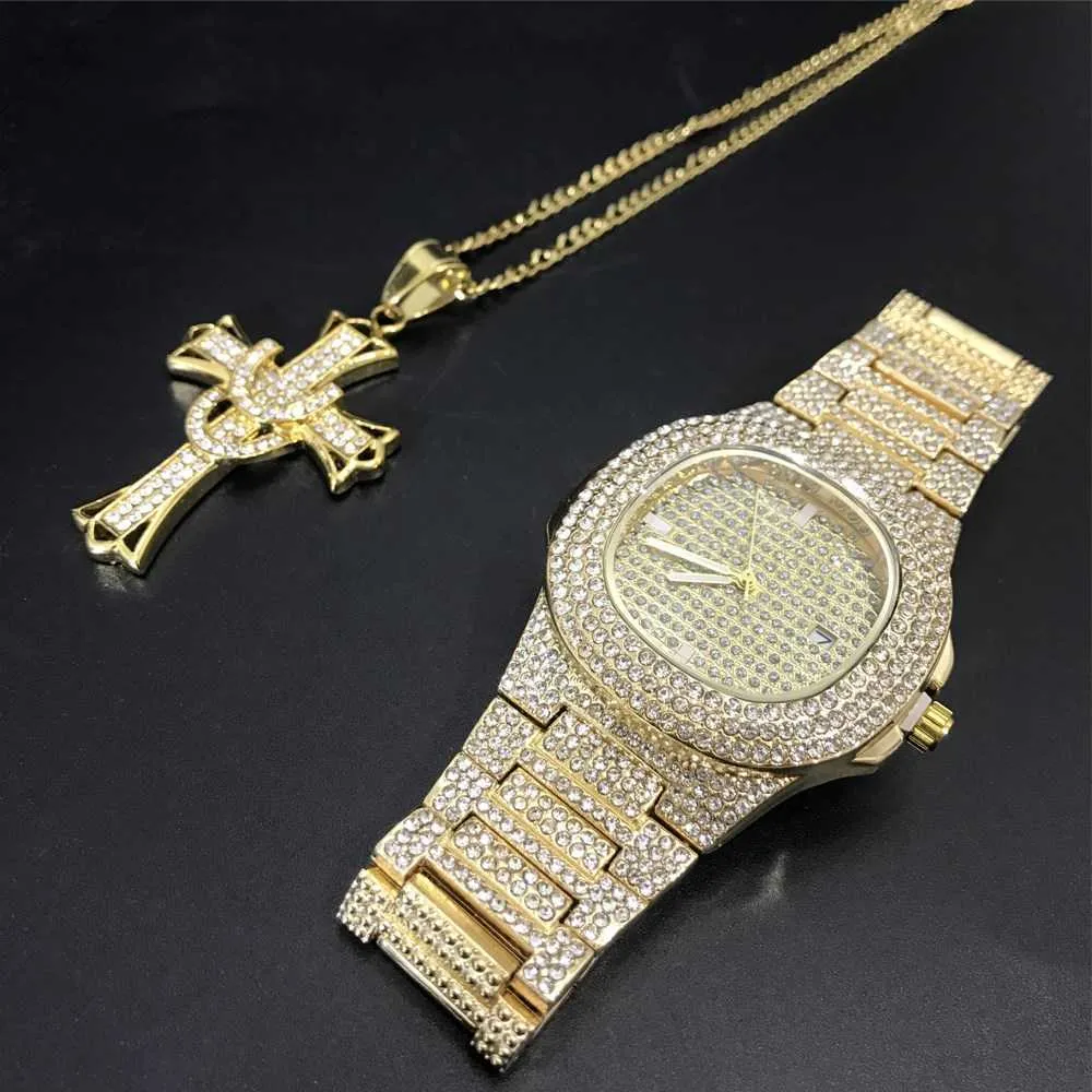 Luxury Men Gold Silver Color Watch & Necklace Combo Set Necklace Chain Ice Out Cuban Watch Hip Hop Stylish Hip Hop For Men H1022