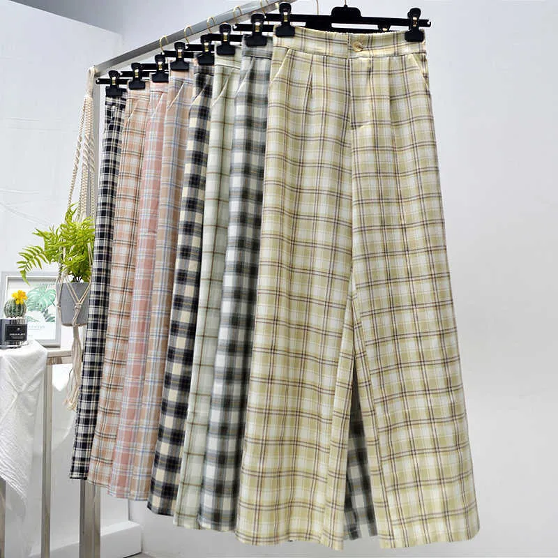 Goedkope groothandel 2021 lente zomer nieuwe mode casual populaire lange vrouwen broek vrouw vrouwelijke ol breed beenbroek plaid broek bvy113 q0801