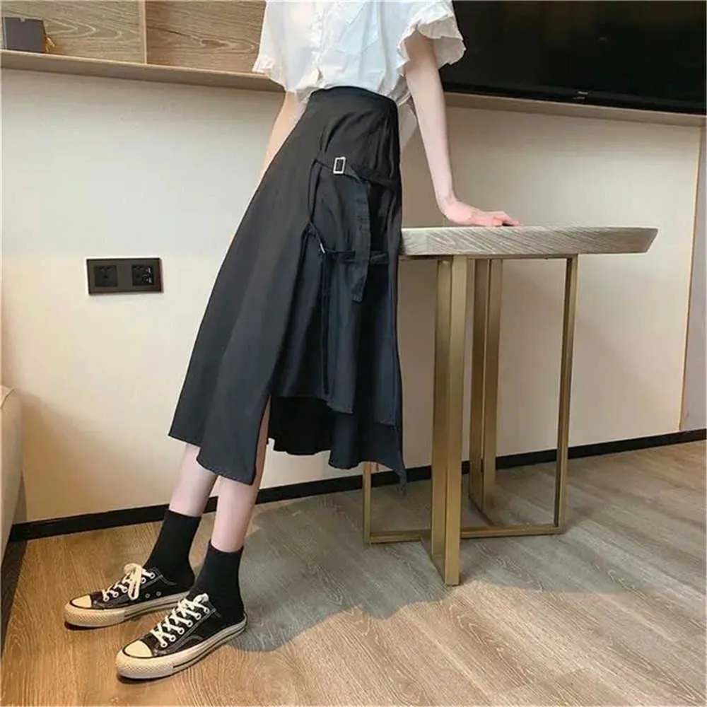 Nieregularna spódnica z kieszonkową harajuku punkowa wysoka talia streetwear gotycka luźna midi długa spódnica kobiety białe czarne letnie saia 210619