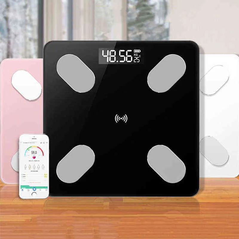 LED Bluetooth Kroppsfettskala BMI Fitness Vikt Smart Elektronisk Skala Digital Badrum 2021 Ny komposition Analyzer 0,01-180kg H1229