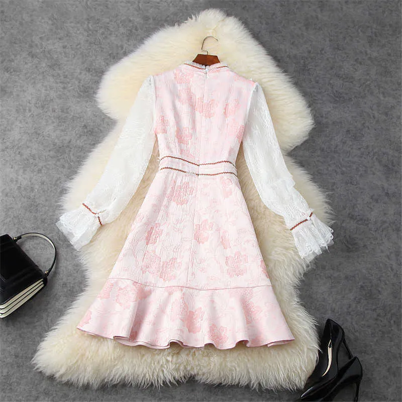 Spring Designers Runway Fashion Lace Patchwork Jacquare Mini Trumpet Dress Celebrity Party Robe Sweet Pink Vestidos Woman 210601