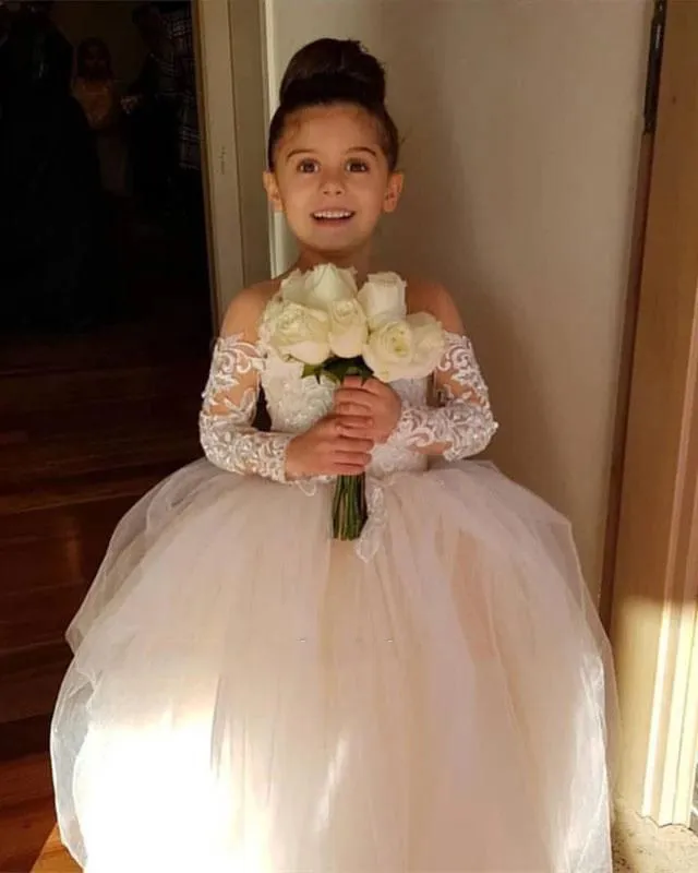 Em estoque lindo laço flor meninas vestidos de baile crianças primeira comunhão vestido princesa casamento pageant mangas completas dress3103