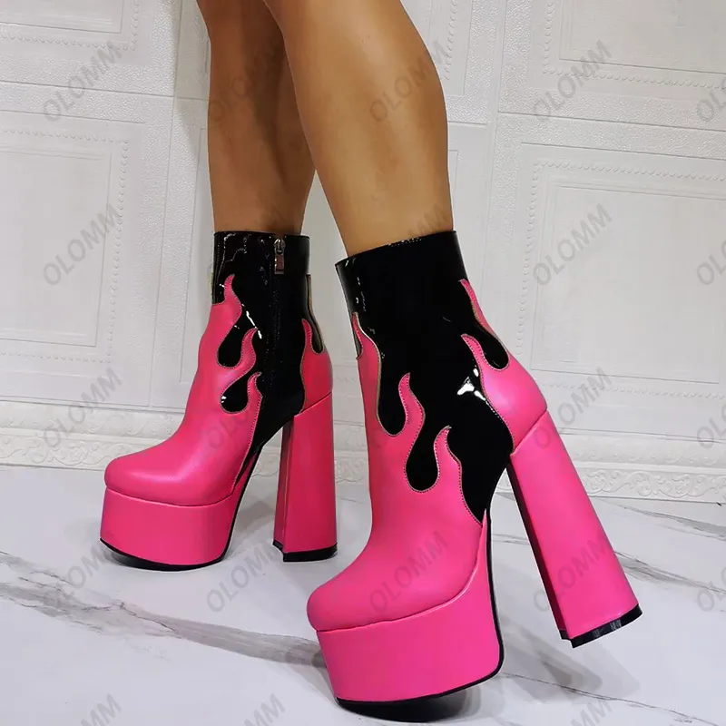 Rontic Handwork Mujeres Invierno Plataforma Botines Cremallera lateral Tacones de bloque Punta redonda Preciosos zapatos de fiesta de color rosa más el tamaño de EE. UU. 5-15
