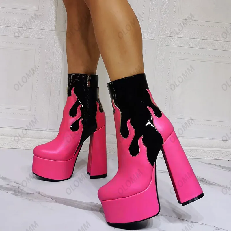 Rontic Handwork Women Winter Platform Ankel Boots Side Zipper Block Heels Rund Toe Gorgeous Pink Party Shoes Plus US Size 5-15