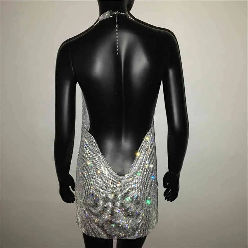2020 NEW Sexy Deep V Neck Crystal Dress Women Luxury Rhinestone Halter Dance Party Diamante Backless Split Mini Dresses X0521