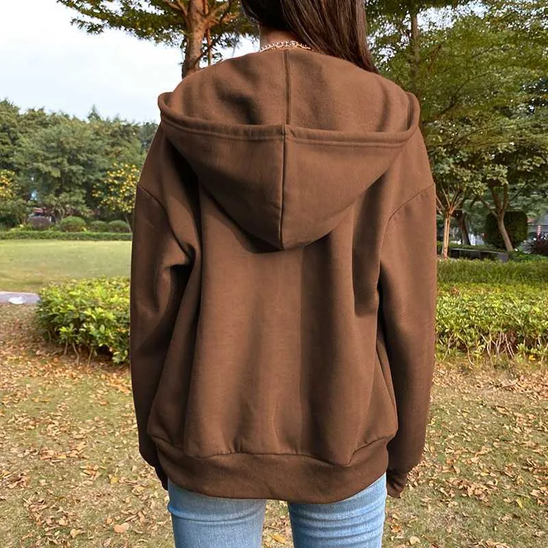 Brown Zip Up Hoodie Sweatshirt Winter Jacket Clothes Oversize Hoodies Women Ps Size Vintage Pockets Long Sleeve Puovers 2021295P6137004