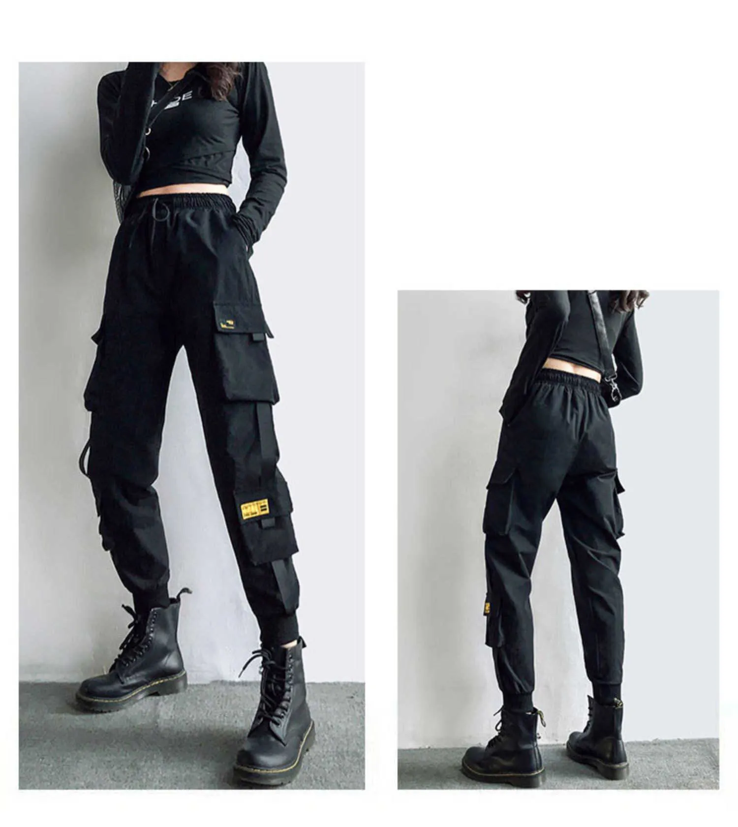 Женщина грузовые брюки мода готические панк эластичные талии брюки случайные свободные прямые корейские брюки с цепной уличной одежды одежда Q0801