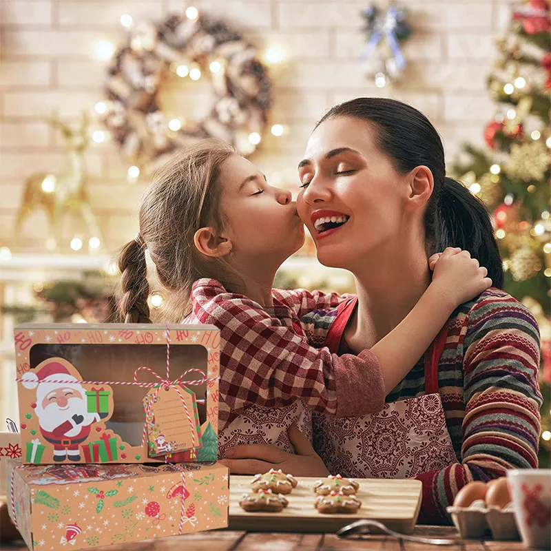 Boże Narodzenie Ciastka Pudełko Kraft Papier Cukierki Pudełka Pudełka Torby Żywności Opakowania Boże Narodzenie Party Dzieci Prezent Nowy Rok 2021