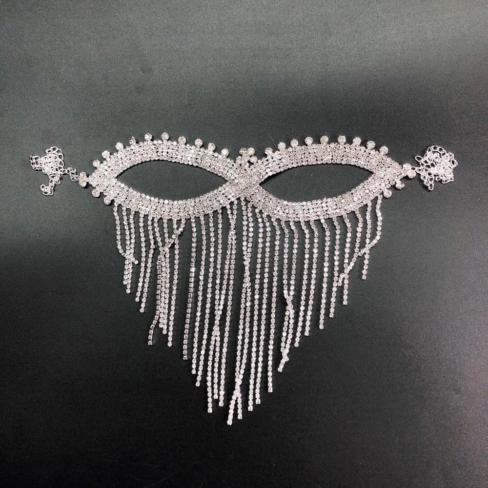 Jóias de luxo Bling strass máscara de borla máscara de halloween feminino de cristal brilhante máscara decorativa festa