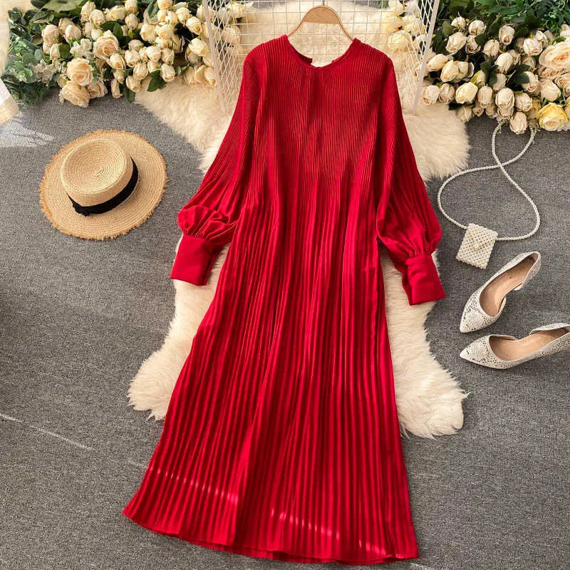 Vintage Pleated Chiffon Lång Klänning Kvinnor Casual Solid Rosa / Grön / Röd O-Neck Draped Slim Vacation Vestidos Höstrock 2020 Ny Y0603