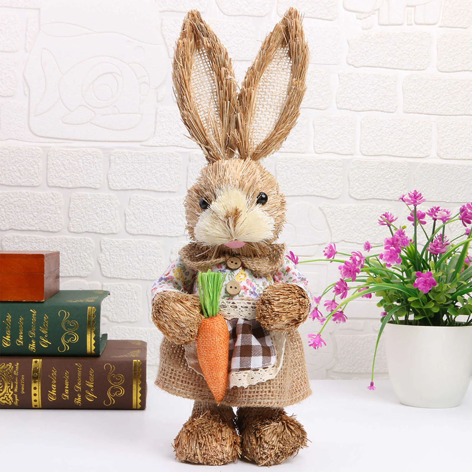 12 inç yapay saman tavşan süslemesi Paskalya teması partisi için havuçlu tavşan heykeli ev bahçe dekoru malzemeleri 21091216j