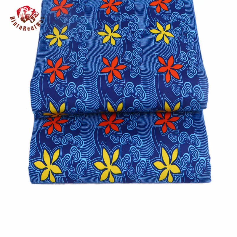 Bintarealwax Africa100% Polyester Vaxtryck Tyg 6 meter / Royal Blue Background Red Yellow Flower African Material FP6001