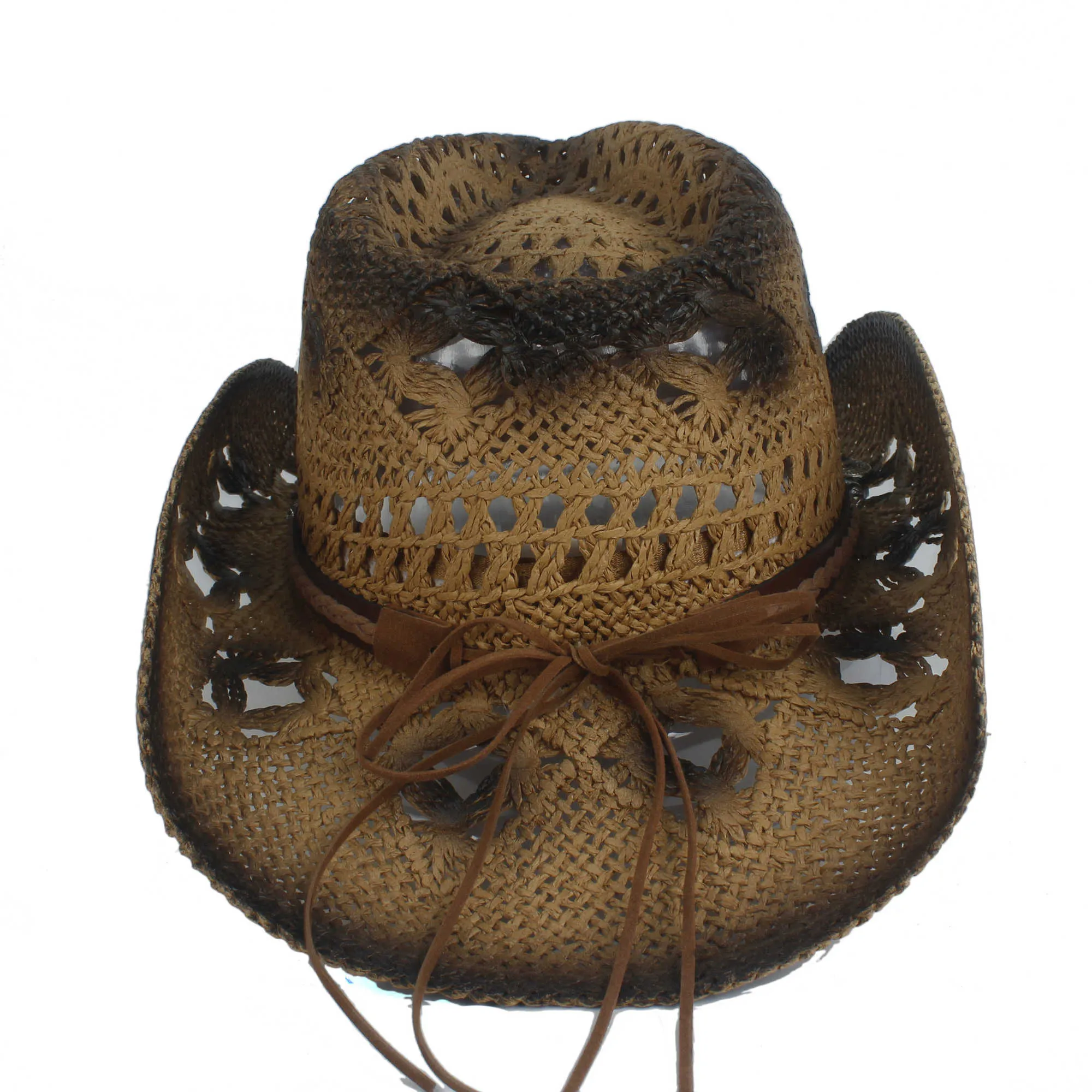 Retro Women Straw Hollow Western Cowboy Hat Lady Roll Up Brim Bohemia