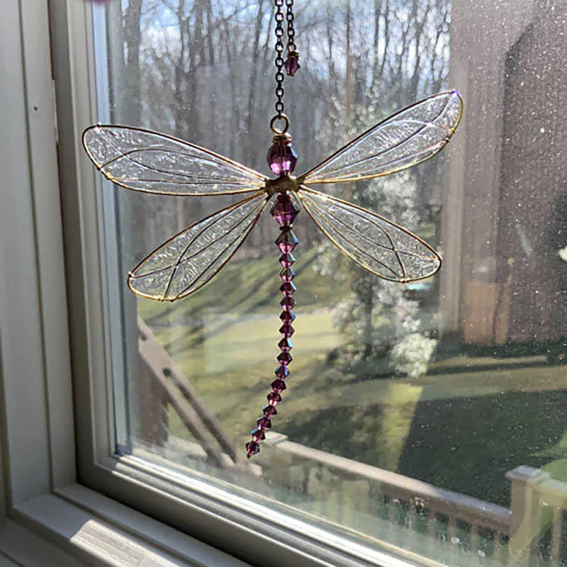 15 cm 6 inch libel wind chime zonnecatcher koper gebrandschilderd glas look hanger kristal raam opknoping prachtige vleugels heldere kleurrijke kralen decoratie L120803