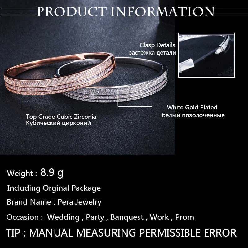 Pera High Quality Big Baguette Square Shape Full musujące AAA + Cubic Cyrkonia Charm Bangle Dla Kobiet Biżuteria Akcesoria Z001 Q0720