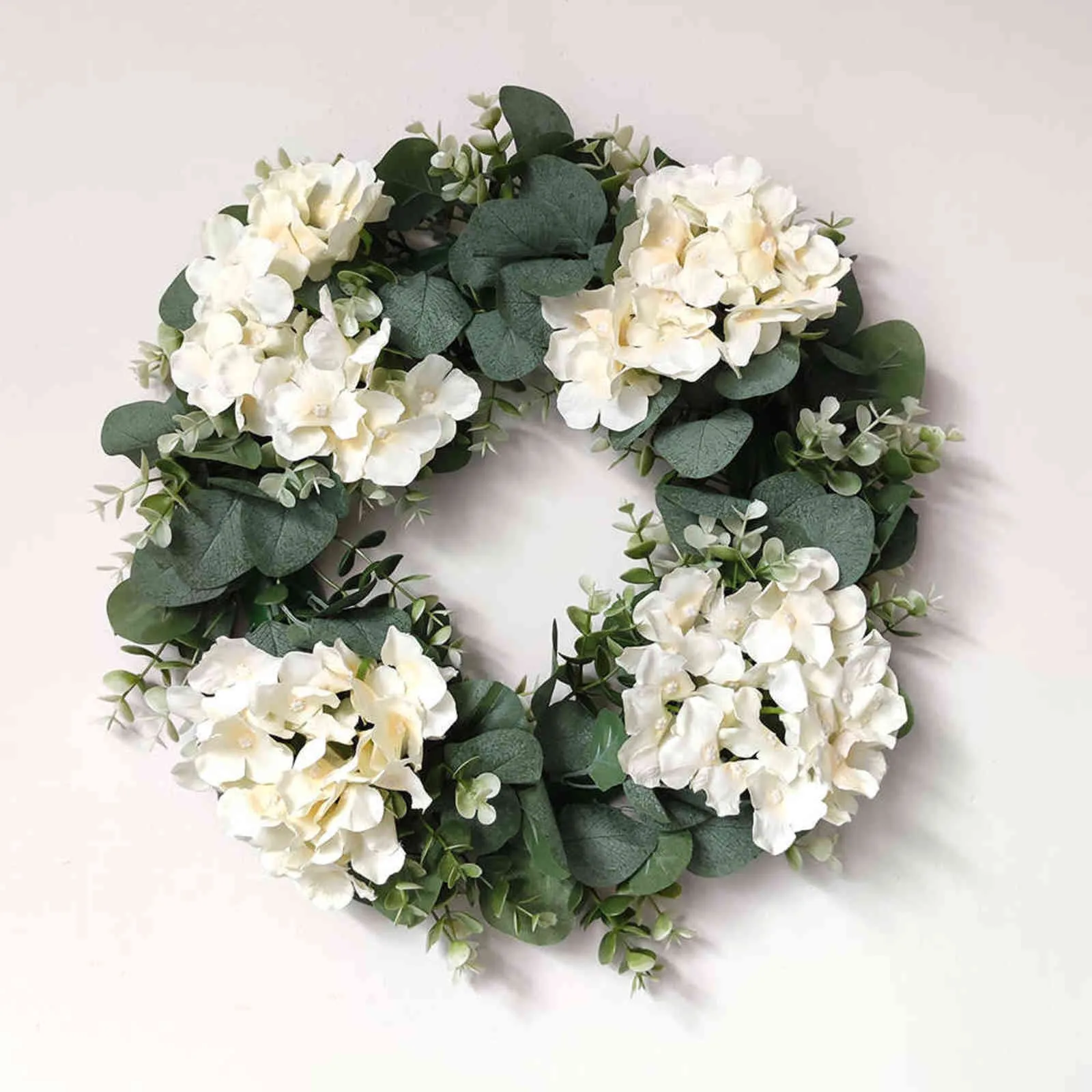 Vita hortensia gröna blad eukalyptus garland hem dekor konstgjord blomma krans för bröllop dekoration jul prydnad 211104