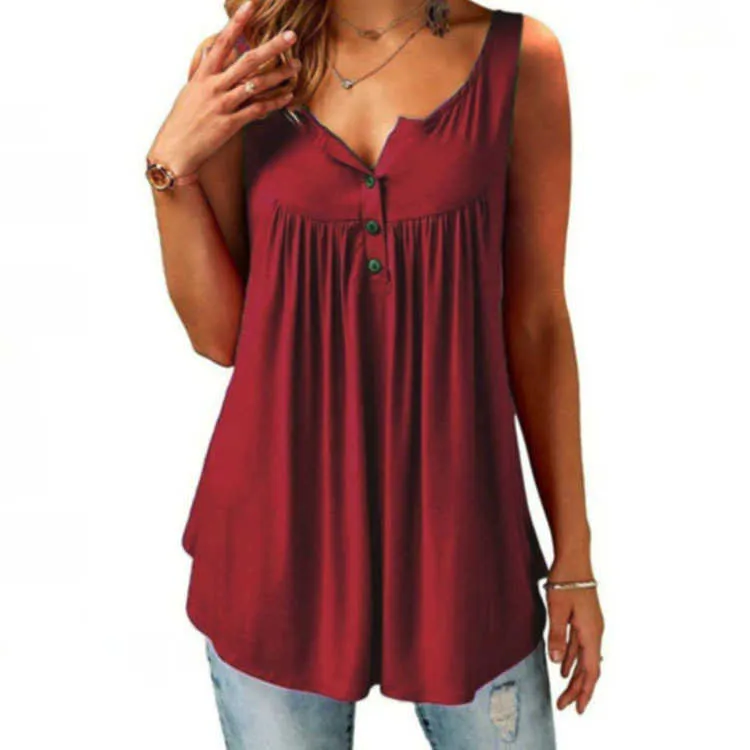 Plus Size 6XL Zomer Tank Top Womens Tuniek Button Neck Tops Sleeless Losse Casual Camis Dames Dames Top Haut Femme Y0824