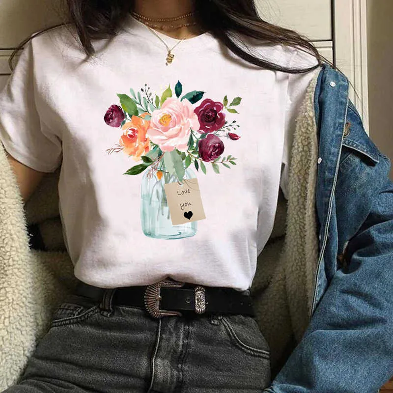 Femmes T-shirts Imprimer Graphique Plante Élégante Dames Esthétique Floral Fleur Vêtements Lady Tops Vêtements Femme T Shirt Femmes T-Shirt X0527