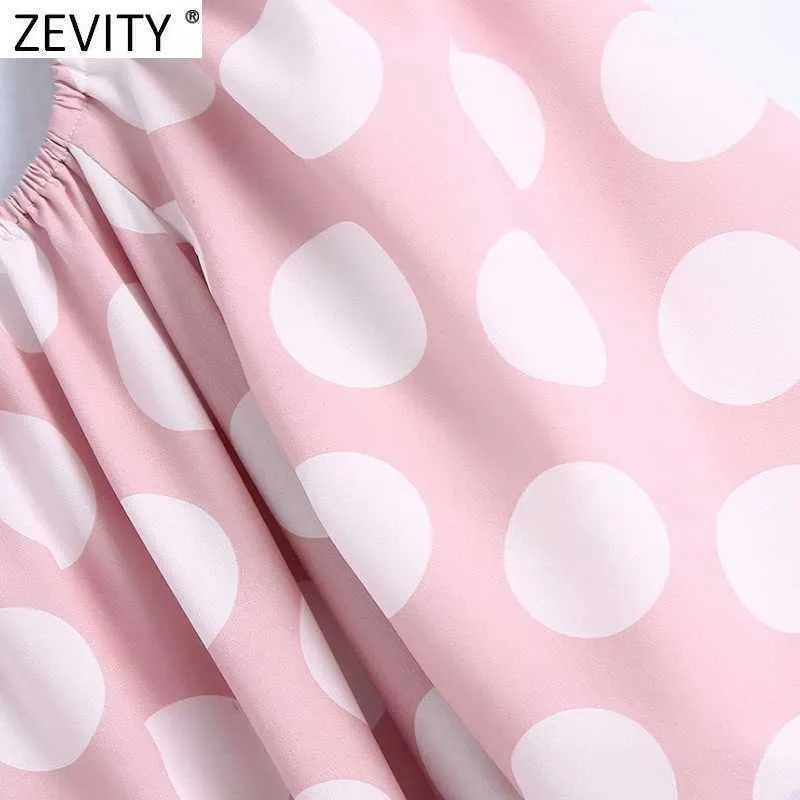 Zevity Women Elegant Lantern Sleeve Polka Dots Print Bow Sashes Rosa Midi Dress Femme Chic Sweet Split Party Vestido DS5048 210603