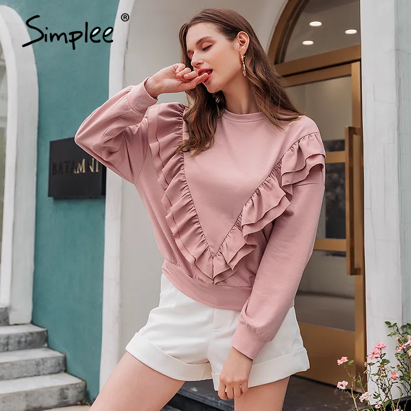 Simplee Drop-épaule manches sweat-shirt à volants femmes Casual lâche rose pull automne court pull à col rond pour femme 201028