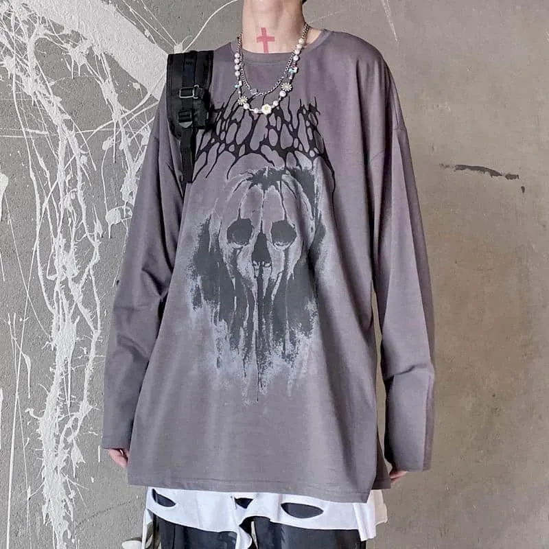 Camiseta de manga larga Tops Mujer Streetwear Top Goth Harajuku Skull T Shirt Funeral Graffiti Dark High Street Loose Bottoming 210302
