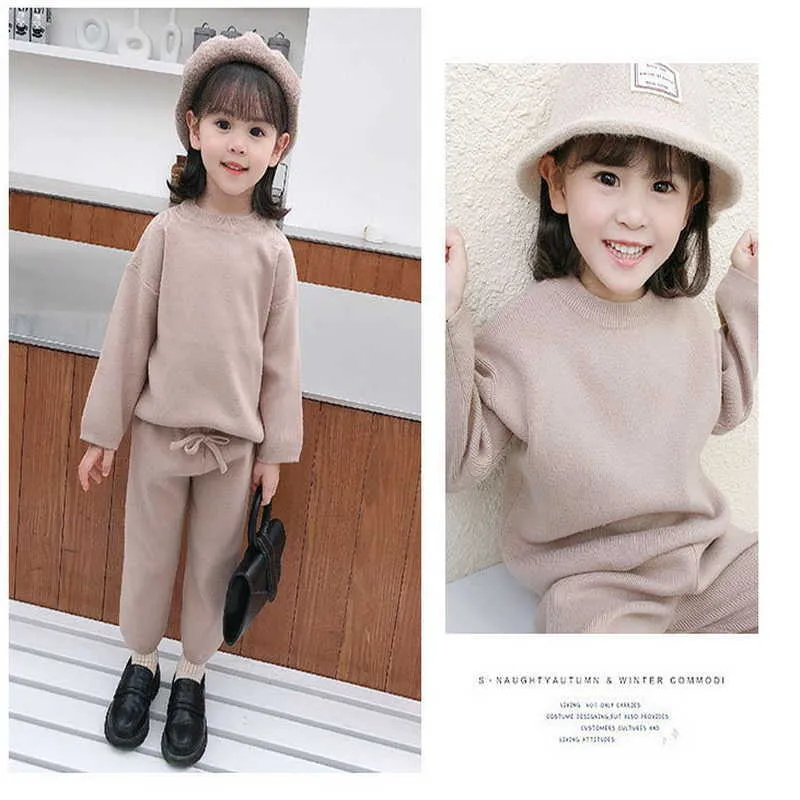 Primavera estilo coreano bebê 2-pcs conjuntos camisola cor sólida mangas compridas top + cintura elástica calças crianças roupas e2082 210610