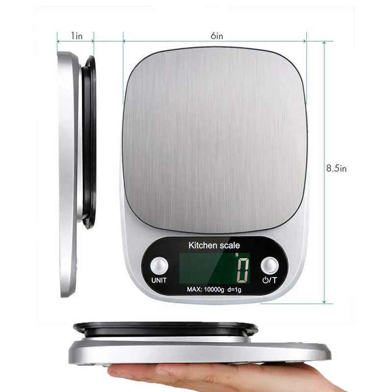 10 kg / 1 g LCD-Hintergrundbeleuchtung Digitale Küchenwaage Edelstahl Elektronische Waage Kochen Lebensmittel Balance Messen des Gewichts 210927