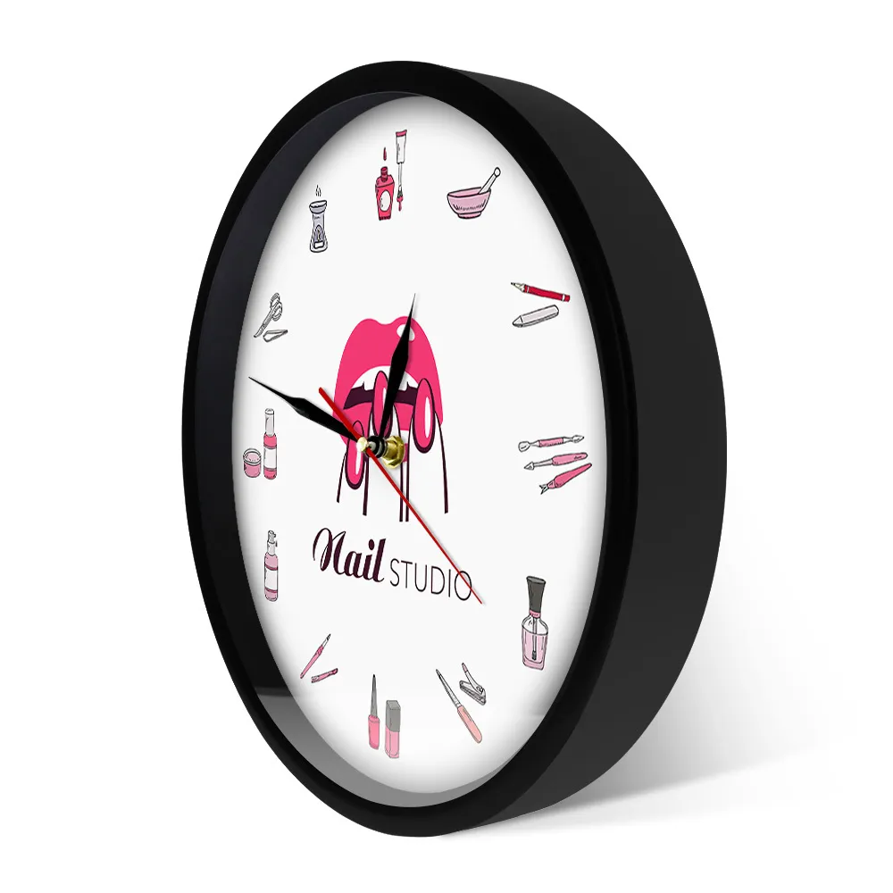 Nagellacksflaskor och tillbehör Dekorativ väggklocka Skönhetssalong Nail Studio Tools Cosmetology Clock Wall Watch Timepieces 210310