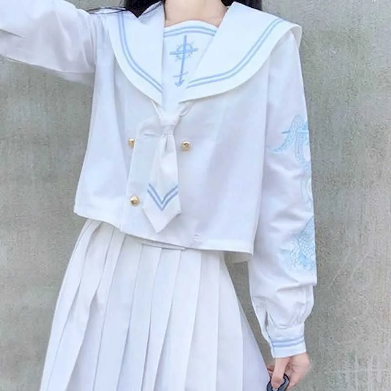 Two-piece skirt suit Bonda Fen's original long bad JK Sakura Yulan first group of orthodox embroidered sailor 210526