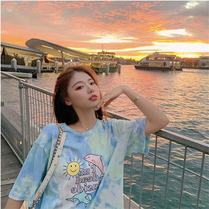 女性たちのための夏の韓国の半袖ロングTシャツのための夏の学生のための韓国の半袖Tシャツ素敵なかわいいカワイイ韓国のティー897J 210603