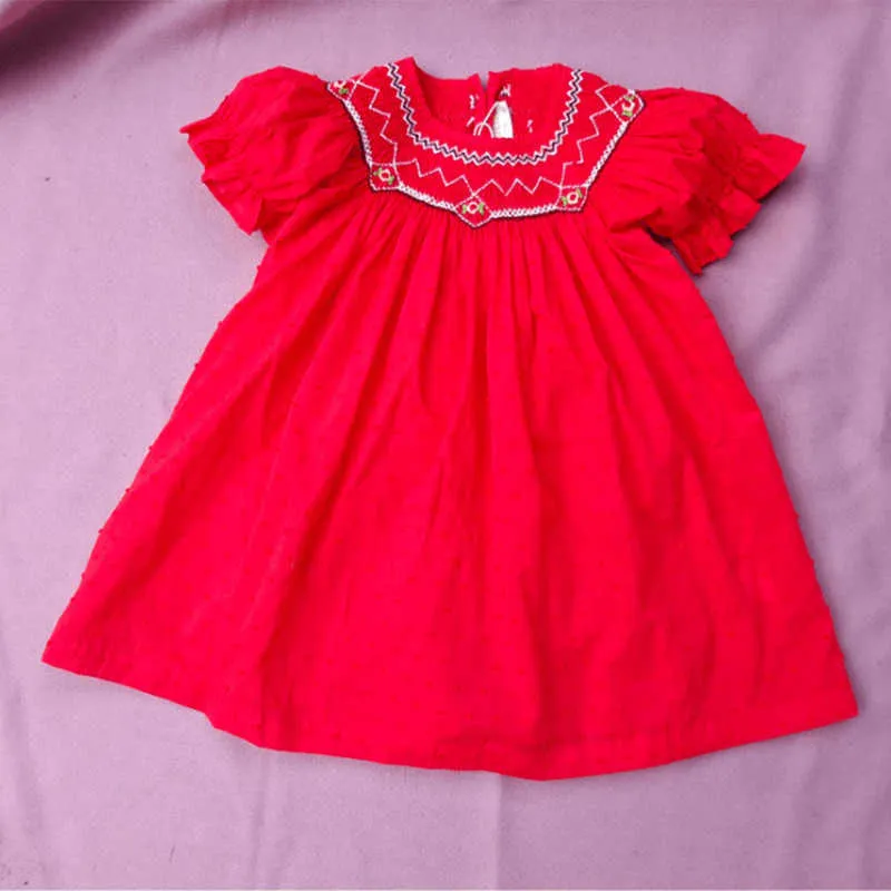 CEKCYA Kızlar El Yapımı Smock Nakış Mavi Elbise Bebek Smocking Frocks Bebek Peter Pan Yaka Elbiseler Çocuk Butik Giysileri 210615