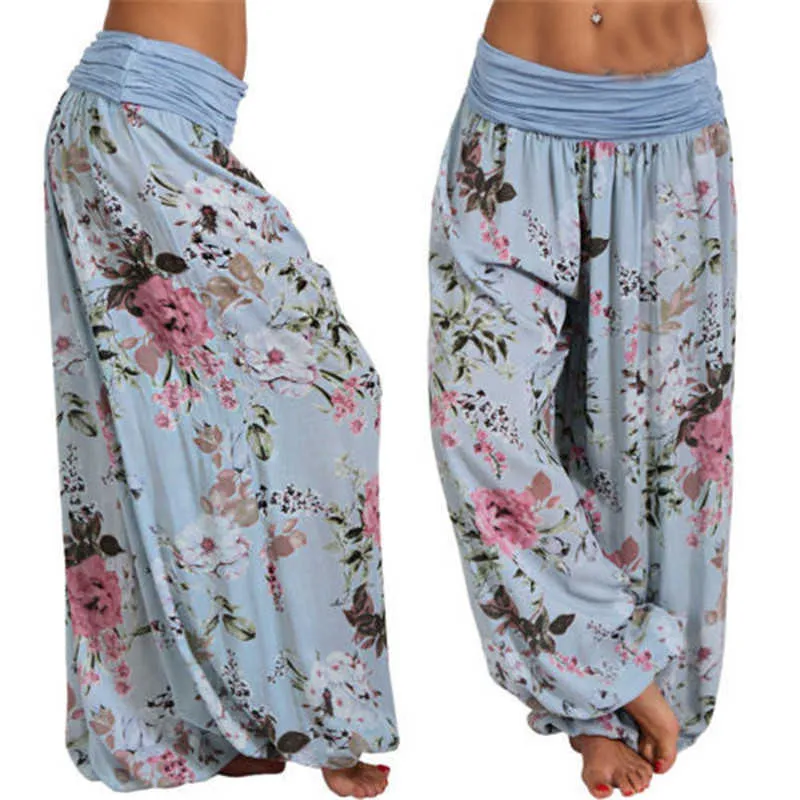 Pantaloni lunghi da donna con stampa floreale bohémien Pantaloni a vita media vintage Pantaloni harem Vita elastica Pantaloni da spiaggia Boho Plus Size 5XL 210721