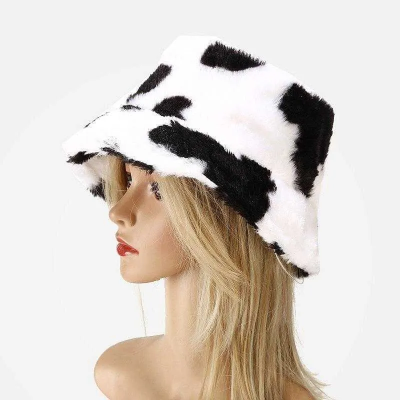 Kış açık tatil bayan panama black inek baskı kalınlaşmış yumuşak sıcak balık tutma kapağı sahte kürk tavşan kova şapka kadınlar için 210531278j