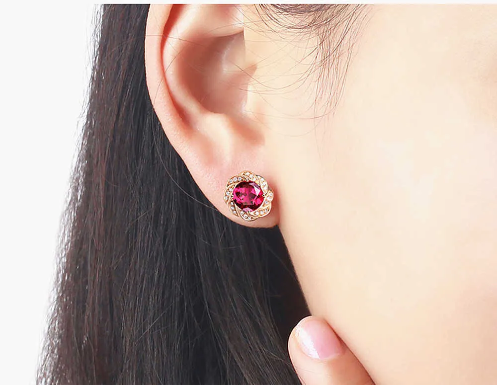 14k rose gold color flower red crystal ruby gemstones diamonds stud earrings for women classical jewelry brincos fashion bijoux 211422463