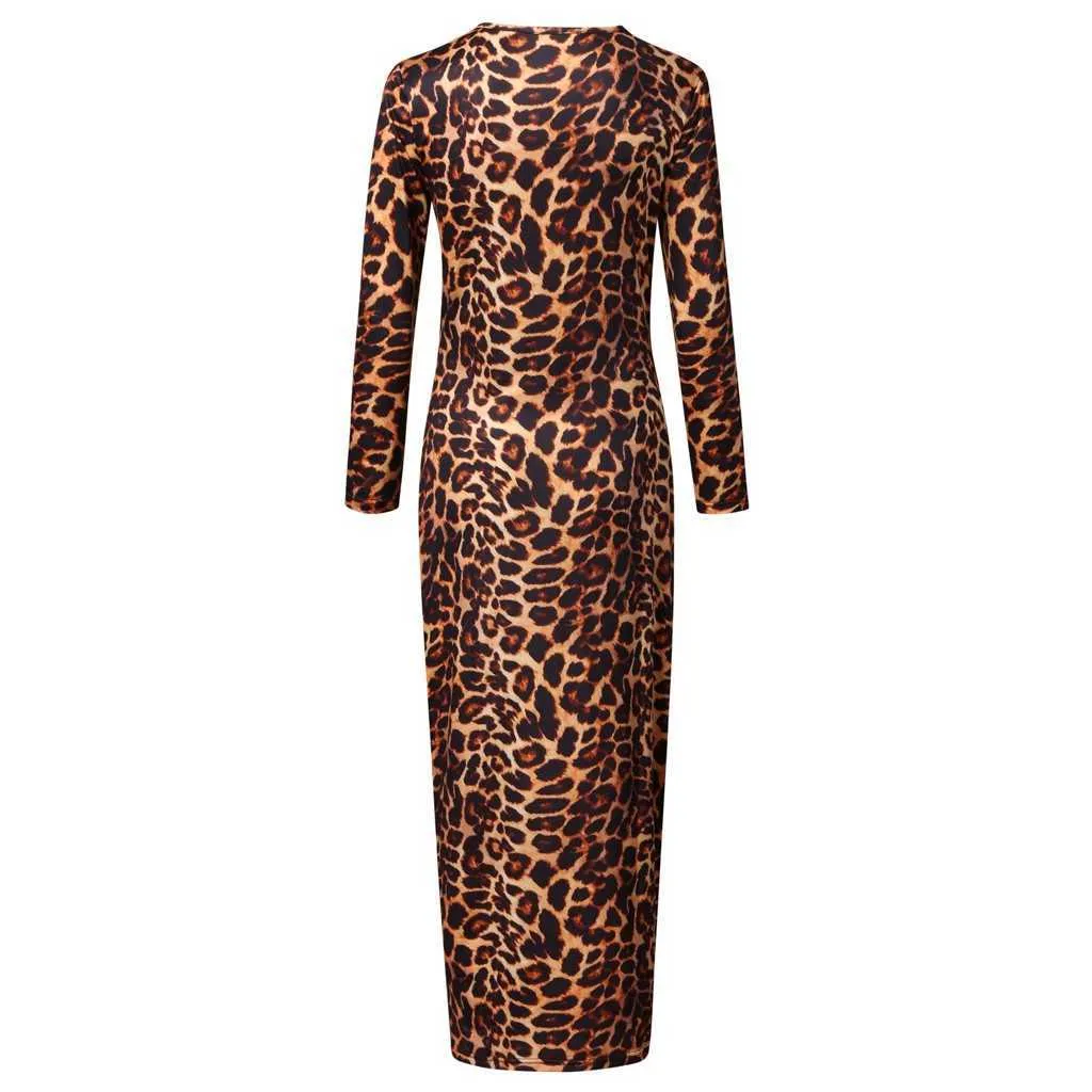 Primavera Outono senhora High Stropy Party Vestidos Leopard Impressão Bodycon Dress Round Neck Manga Longa Fit Slim Sexy Dress Y1006