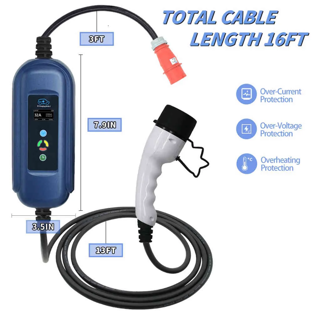 11KW 3P 타입 2 휴대용 EV 충전 박스 케이블 전환 10 / 16A SCHUKO 플러그 전기 자동차 충전기 EVSE IEC 62196-2 7m