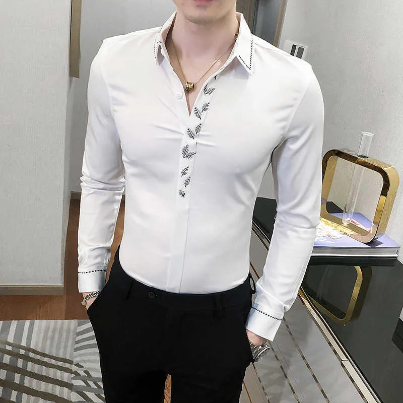 刺繍葉男性のシャツ長袖カジュアルブラックホワイトシャツスリムフィットフォーマルドレスブラウスストリートウェアカミサスパラホームブレ210527