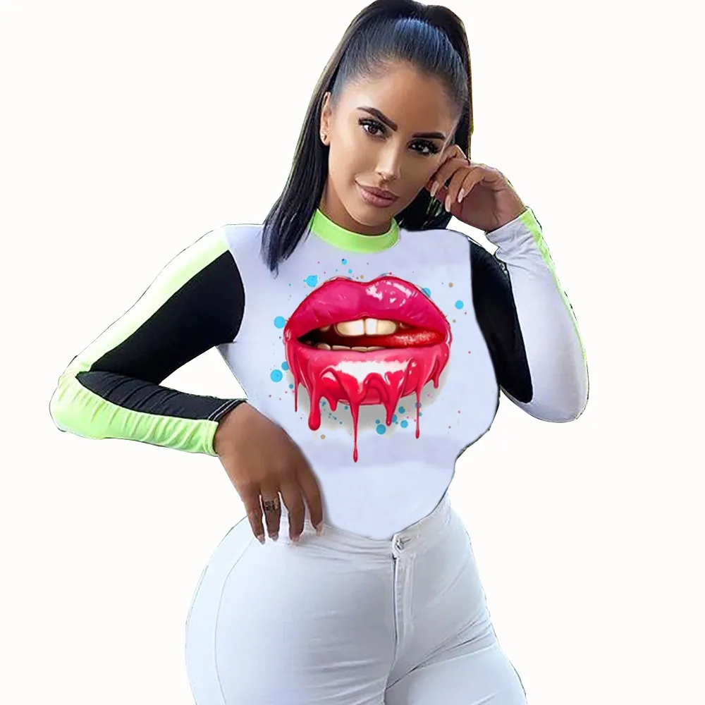 Produit en gros Automne Femmes Lèvres Imprimer O-Cou À Manches Longues Patchwork T-shirt Tops Slim-Fit Tunique Tee Streetwear 210525