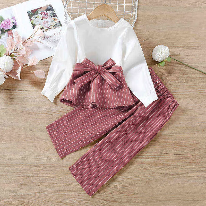 Bear líder meninas bebê roupas conjuntos de moda moda primavera outono infantil camiseta faixa de retalhos t-shirt faixa ternos roupas y220310
