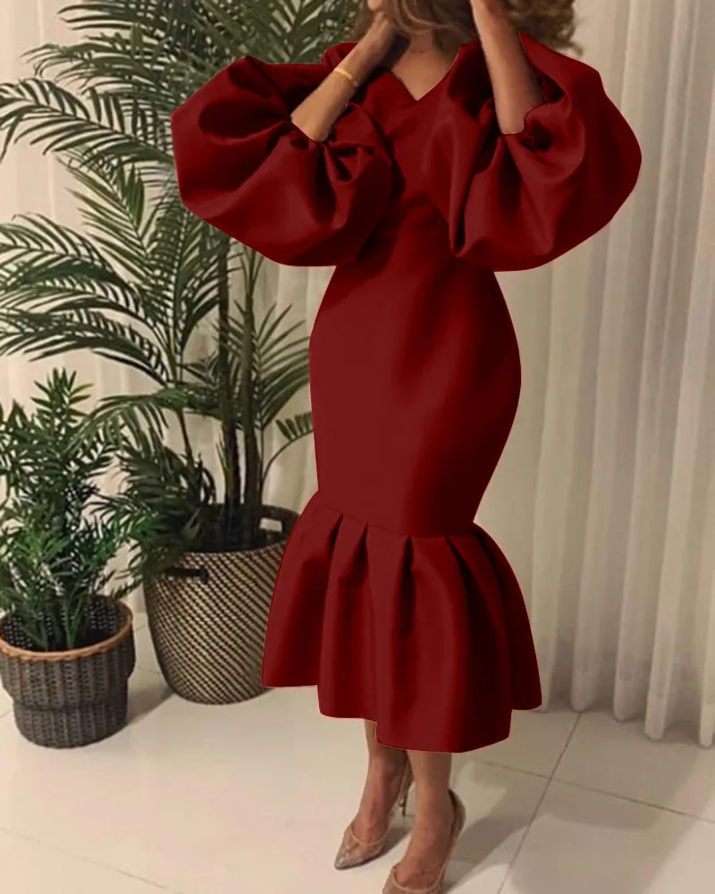 Alle Schwarz Rot Vintage Französisch Stil Elegante Plissee Midi Kleider Für Frauen Ankunft Puff Sleeve Jahrestag Robe 210525