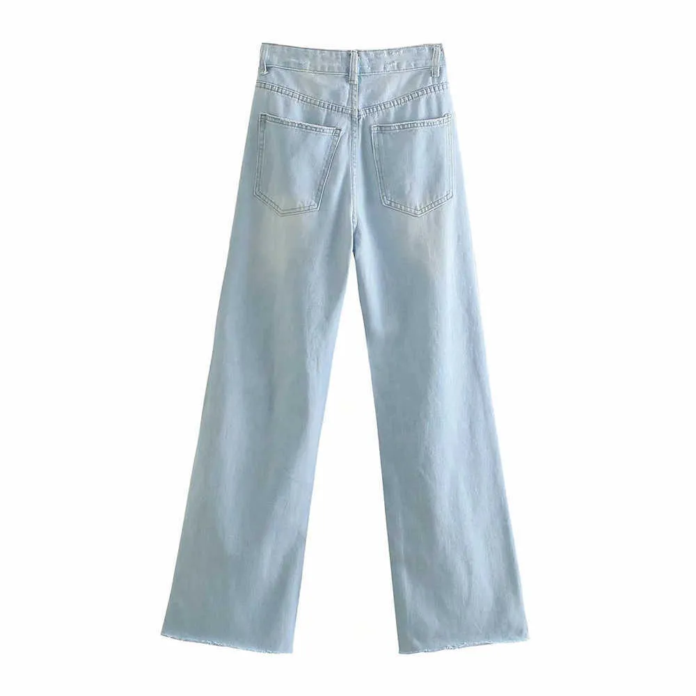 Mulher jeans roupas cintura alta rasgado verão streetwear largura perna larga vintage moda reta calças 210531