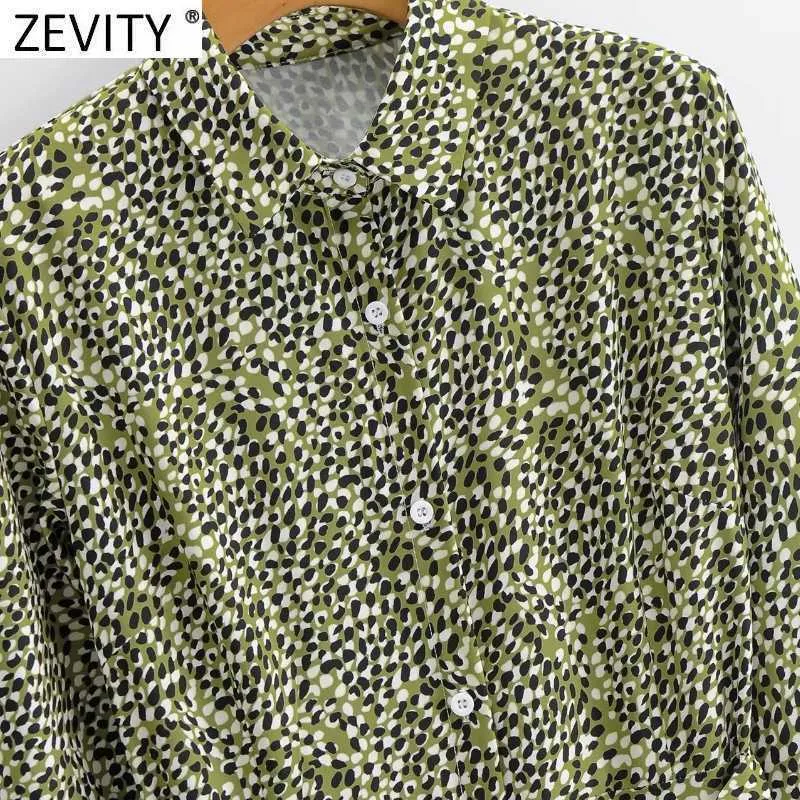 Zevity Women Vintage Leopardプリントグリーンシャツドレス女性長袖弓Tied SashesカジュアルスリムビジネスVestido DS4741 210603