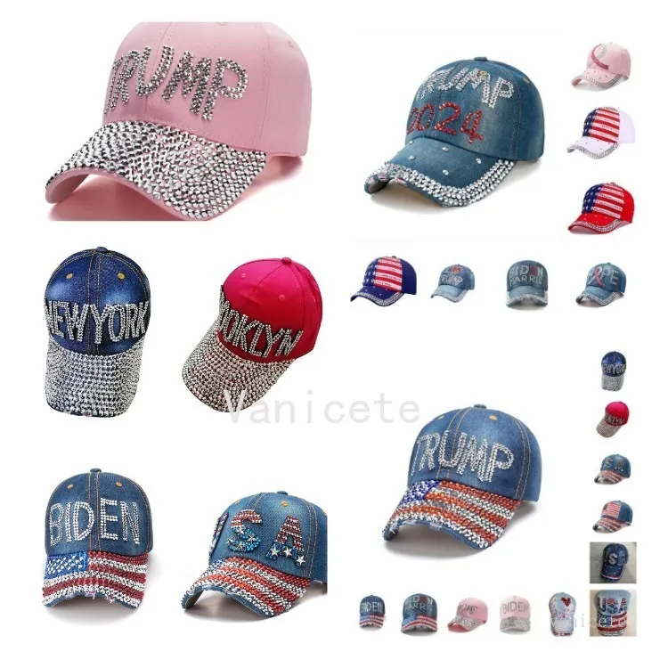 Chapeaux de fête Trump 2024 Casquette de baseball USA Chapeau Campagne électorale Chapeaux Cowboy Diamond Caps Réglable Femmes Denim T2I52421