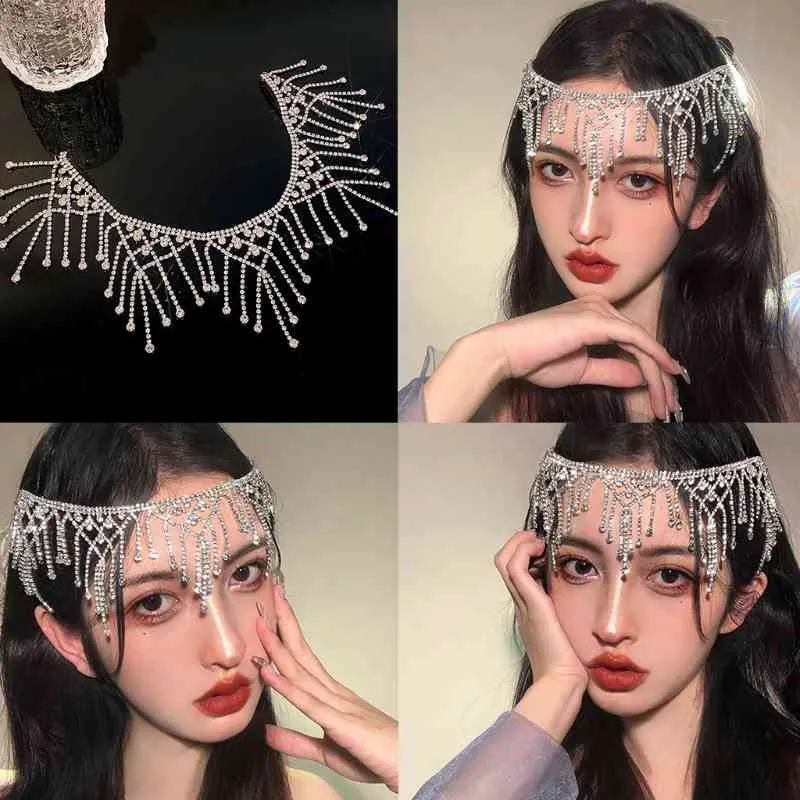 Mariage mariée métal alliage tête chaîne paillettes strass géométrique gland front bandeau fête bijoux casque