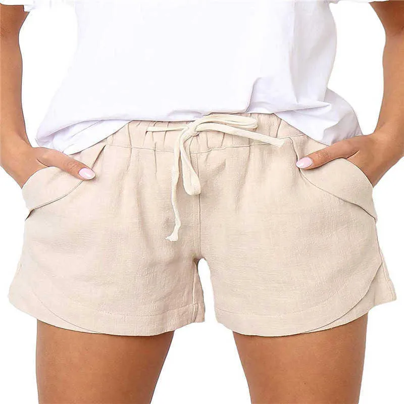 Pantalones cortos casuales de color sólido para mujeres Verano Cintura elástica Cordón con bolsillos Mujer suelta recta más tamaño Sweatshorts 210608
