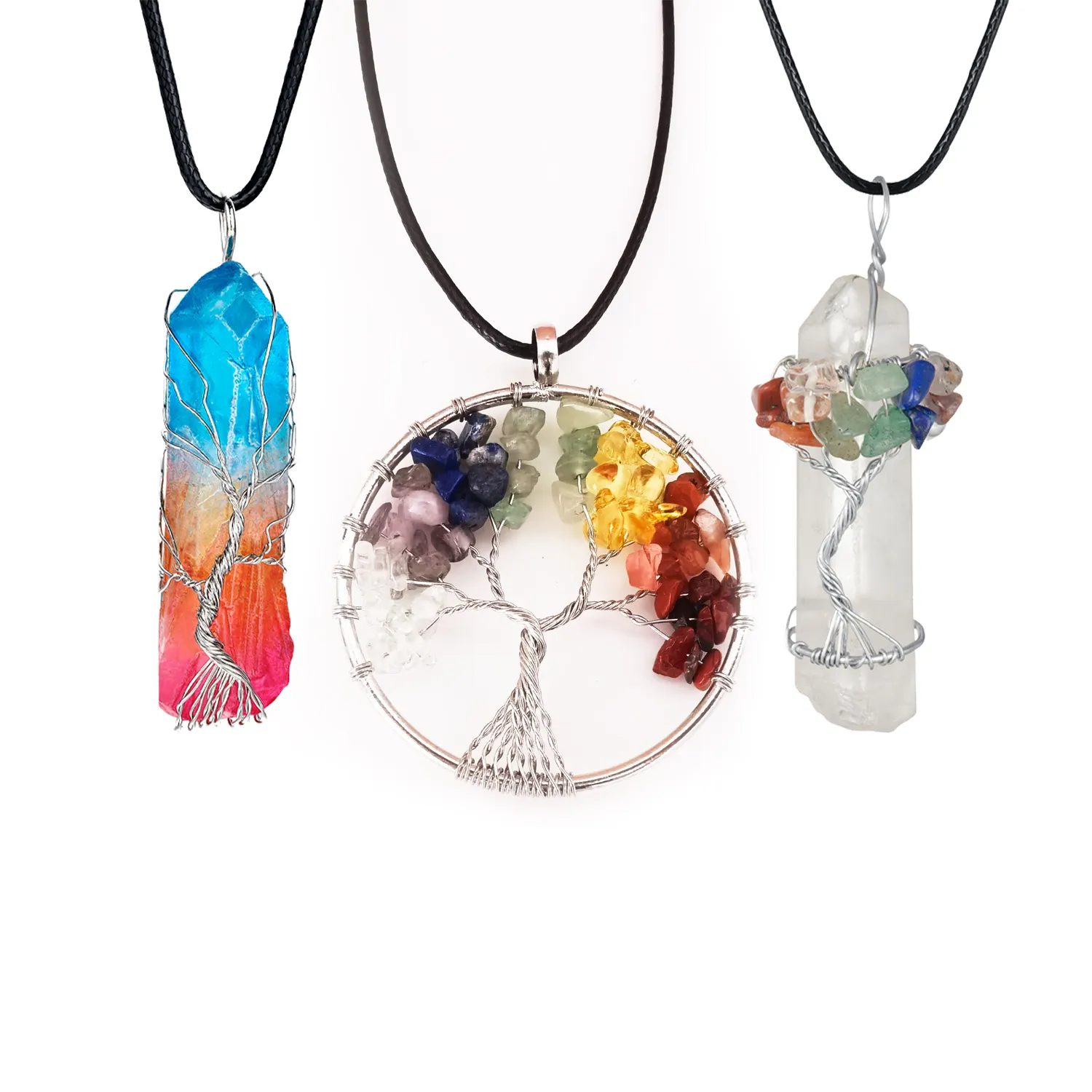 Pendentif arbre de vie, 3 pièces, collier en cristal de Quartz, pierres précieuses Chakra, fil de cuivre et d'argent enroulé 270s