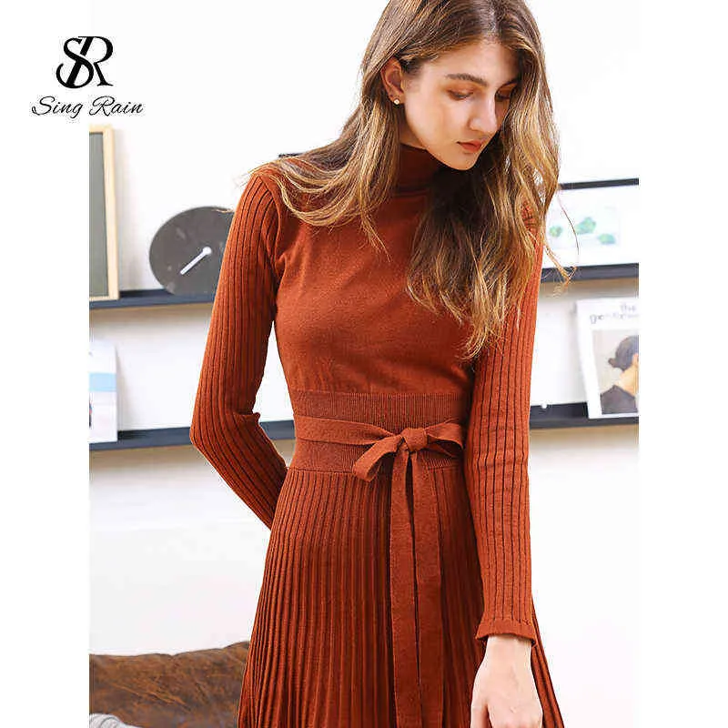 SingleRain herfst vrouwen dikke trui jurk winter turtleneck lange gebreide vestidos lange mouwen elastische geplooide gebreide warme jurk G1214