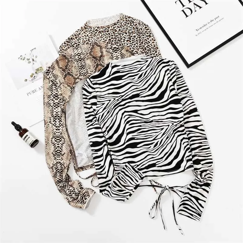 WOMENGAGA Snakeskin Pattern Sexy Full Sleeve Base Backles Col roulé Tie Leopard Top Zebra Print Cropped T-shirt Tops N5C 210603